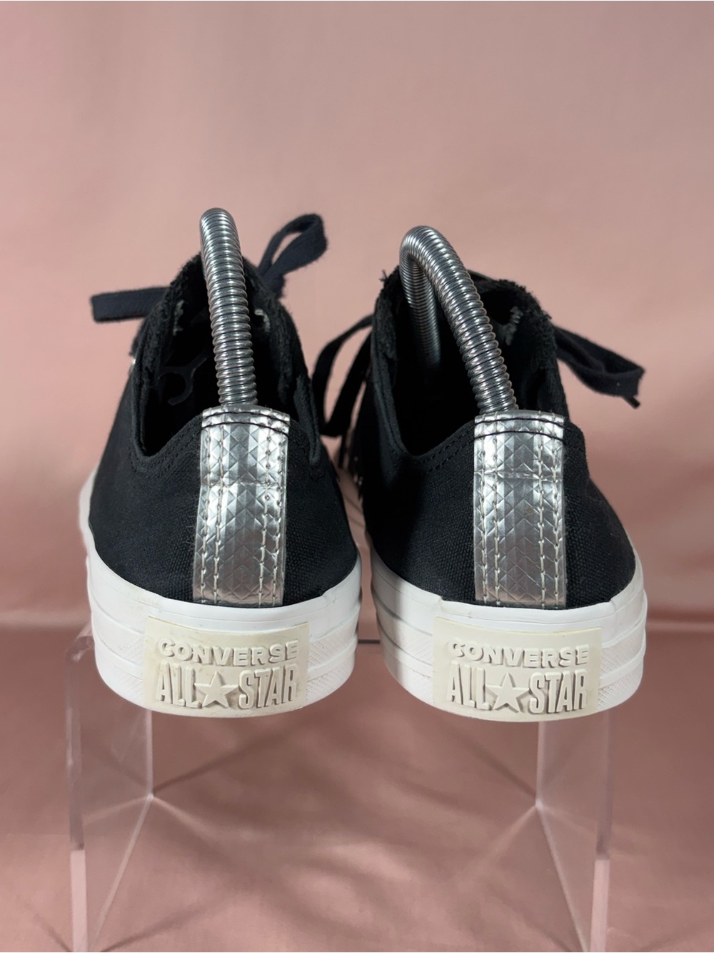 Converse All Star Blk Canvas With Silver Toe Cap/Heel Strip Sneakers W's SZ 8 - Picture 6 of 12